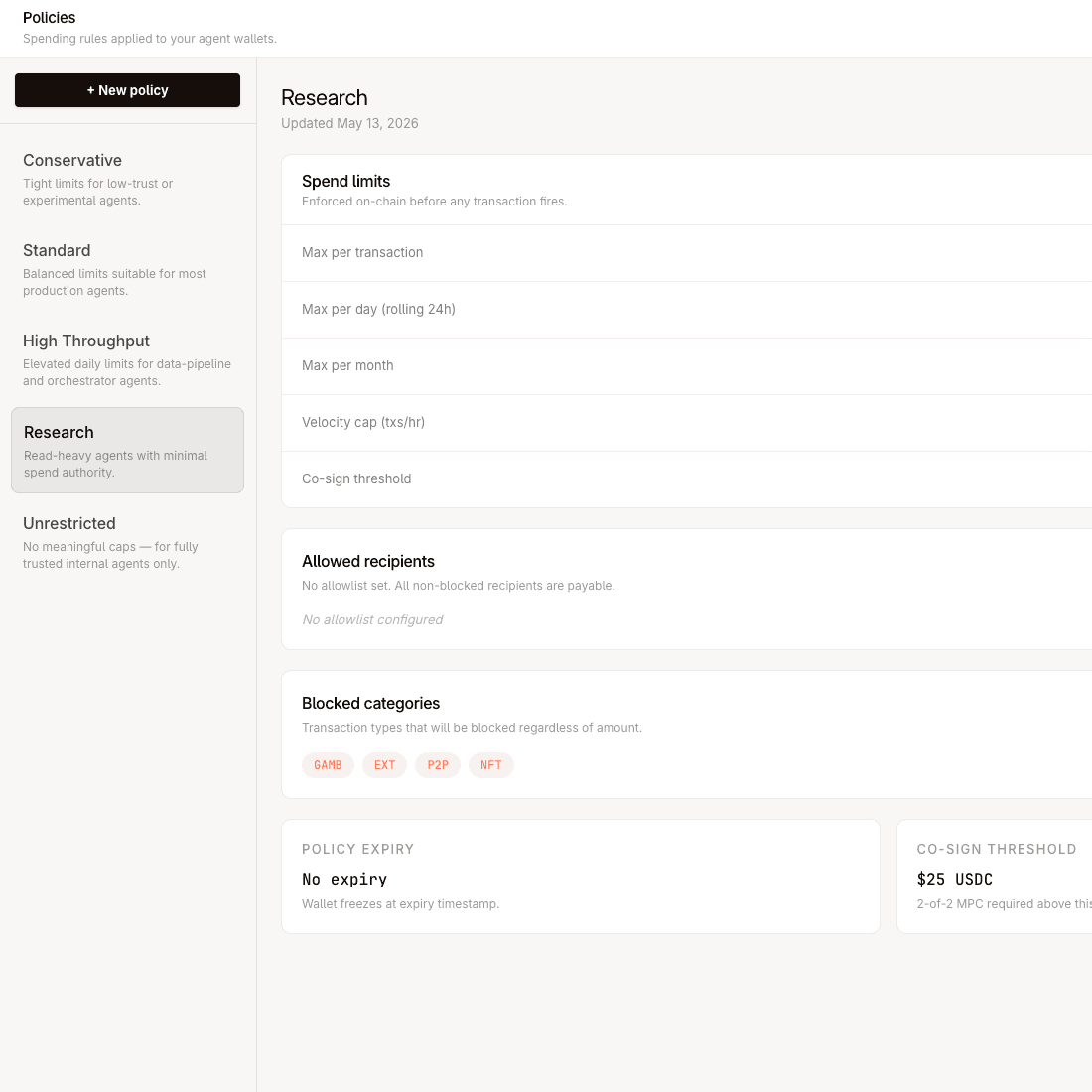 SpriusAI spending policy configuration interface